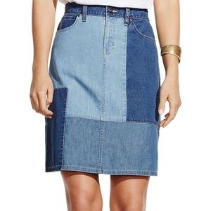 Vince Camuto Patchwork Denim Skirt in Blue Combo